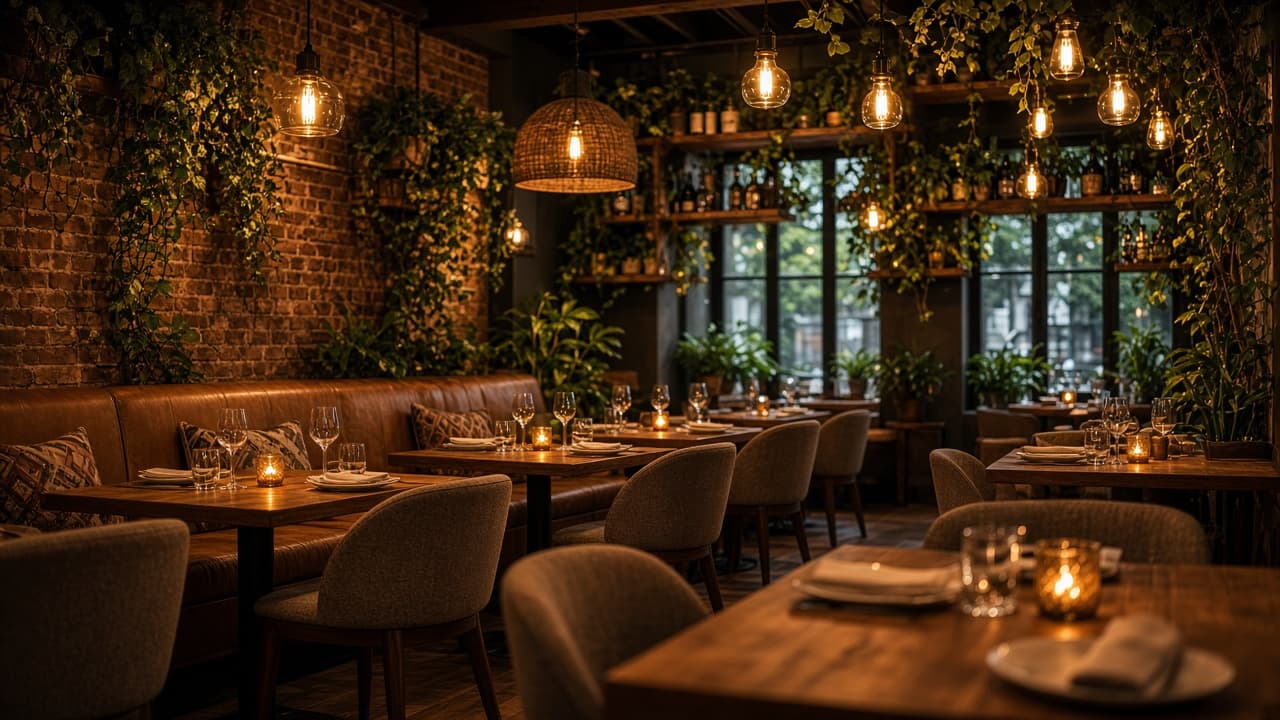 A cozy restaurant dining room